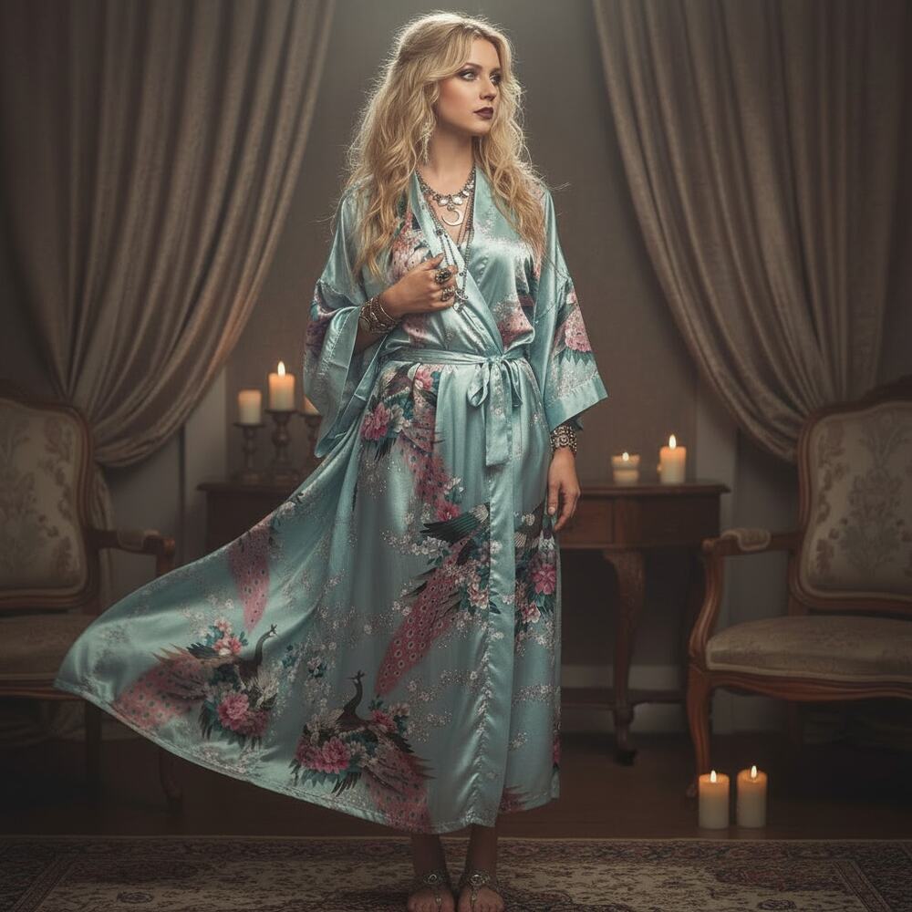 Vintage Y2K Applesauce Satin Peacock Floral Kimono Robe - One Size